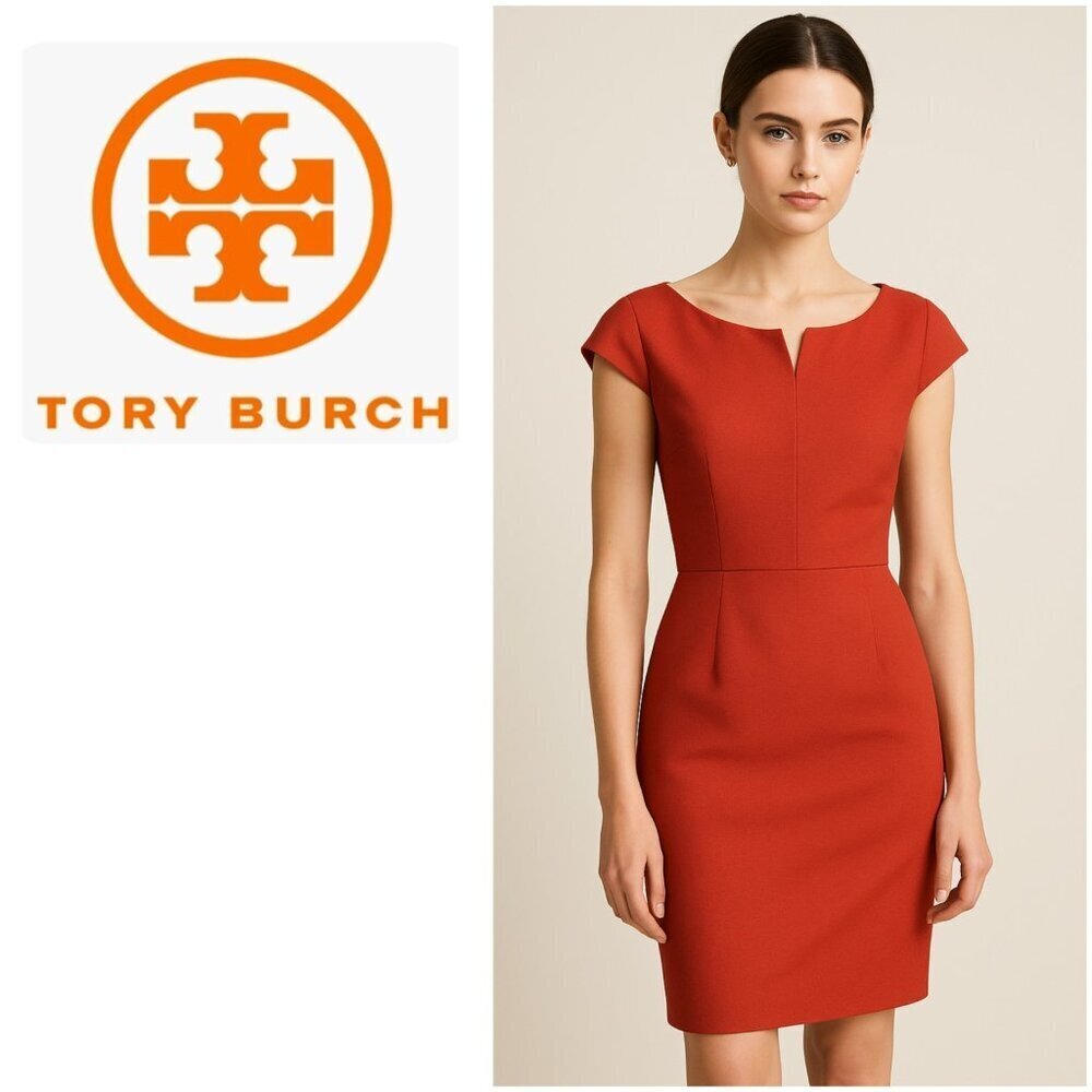 Tory Burch Rust Orange Sheath Dress Size 12 Wool Blend Cap Sleeve Knee Length